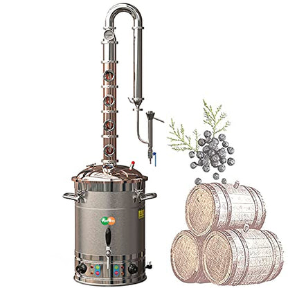 YUEWO 110V Electric 304 Stainless Steel Alcohol Distiller Flute Reflux Column Still with Sight Glasses Wine Making Kit for DIY Whisky Wine Brandy Gin - size: 65Liters/17Gal-Copper
