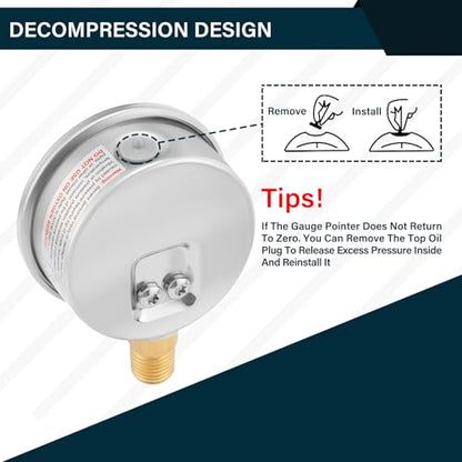 MEASUREMAN 2-1/2inch Dial Size, Oil Filled Pressure Gauge, 0-30psi/kpa, 304 Stainless Steel Case, 1/4 inchNPT Lower Mount - size: 0-30 psi, style: Lower Mount