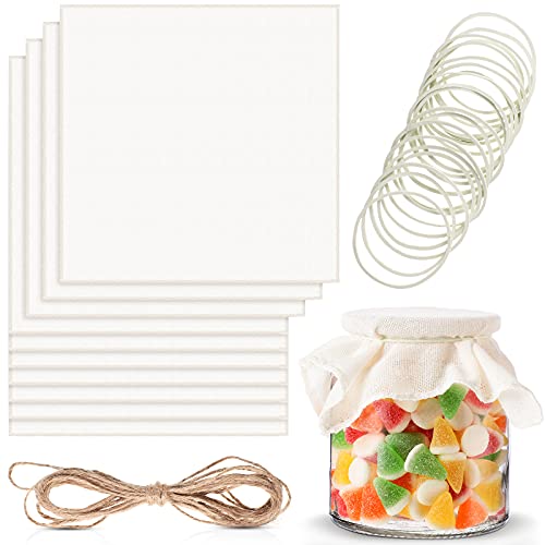 Tatuo 20 Pcs Unbleached Muslin Jar Cloth Covers Kombucha Fermentation Breathe Muslin 8 in Square, with 20 Rubber Bands and 5 Meters Jute Rope for Bottle Jar