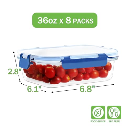 8 Pack 36oz Large Glass Meal Prep Containers with lids, Glass Food Storage Containers with Leak Proof Snap Lock Lids , Airtight Bento lunch Boxes, Kitchen Storage, Oven and Dishwasher Safe-Deep Blue - color: Deep Blue