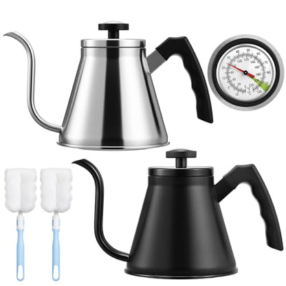 2 Pack 40 oz Gooseneck Kettle with Thermometer Stainless Steel Pour over Coffee Kettle Precision Drip Spout for Stovetop Home Kitchen Camping(Black and Silver) - color: Black and Sliver