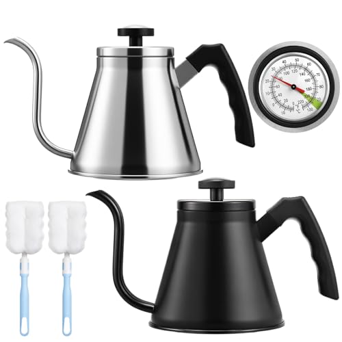 2 Pack 40 oz Gooseneck Kettle with Thermometer Stainless Steel Pour over Coffee Kettle Precision Drip Spout for Stovetop Home Kitchen Camping(Black and Silver) - color: Black and Sliver