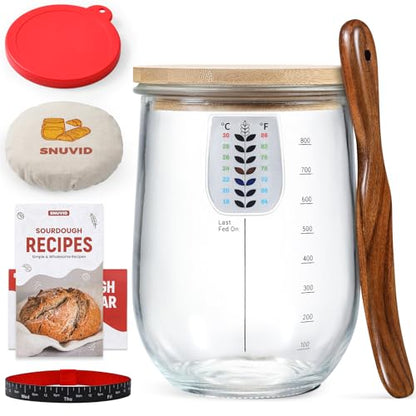 1 L (34 oz) Sourdough Starter Jar Kit, Wide Mouth Potbelly Crock - Glass Sour Dough Starter Bread Jar Set - Sourdough Baking Supplies - Sour Dough Bread Accessories Gifts for Sourdough Lovers