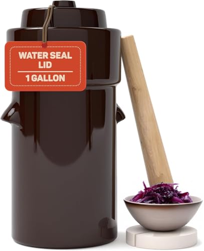 Fermentation Crock 1 Gallon - Sauerkraut Crock with Lid, Weights & Pounder - Ceramic Fermenting Crock Kit for Pickling Cabbage Kimchi Vegetables - 4 Liter Fermentation Jar - Stoneware Pickle Pot