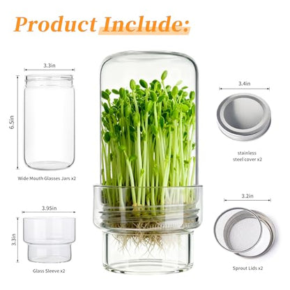 Sprouting Jar Kit, 2 Pack Wide Mouth Quart Mason Jars | Broccoli, Microgreens, Alfalfa Sprout Jar | Perfect for Home Gardeners, Health Enthusiasts & Vegan Diets - color: 2Pack-Without Sleeve
