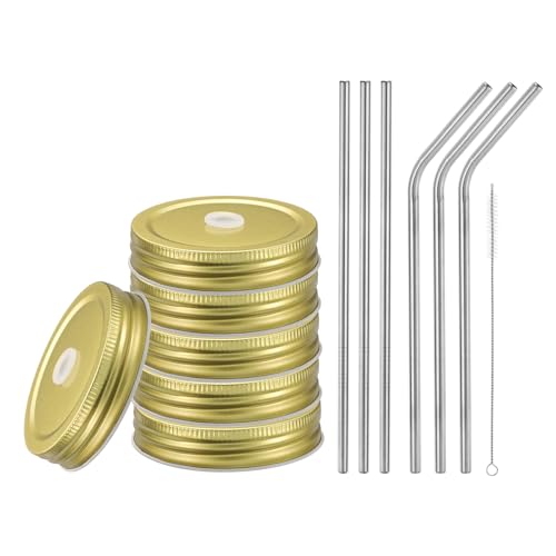 uxcell 13pcs Stainless Steel Mason Jar Lids with Straw Hole, 70mm Metal Canning Lid Mason Storage Covers Caps with Silicone Ring/Straws/Cleaning Brush Gold - color: Gold