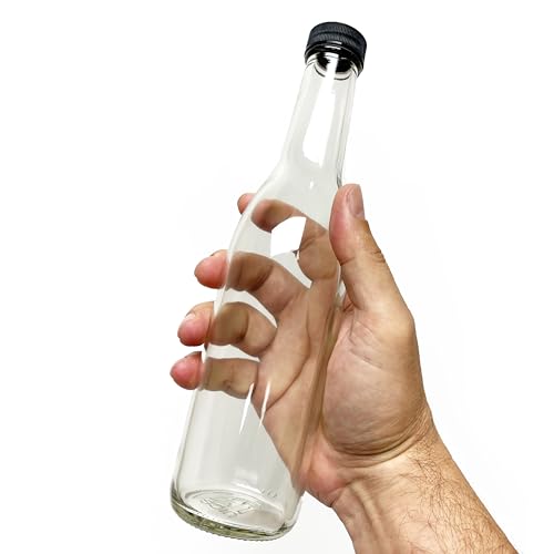 nicebottles - Clear Glass Woozy Bottles, 12 Oz (375ml) - Case of 12 Lovely Bottles Packed in Sturdy Box with 15 Black Screw Caps (Yes, That's 3 Extra Caps!)