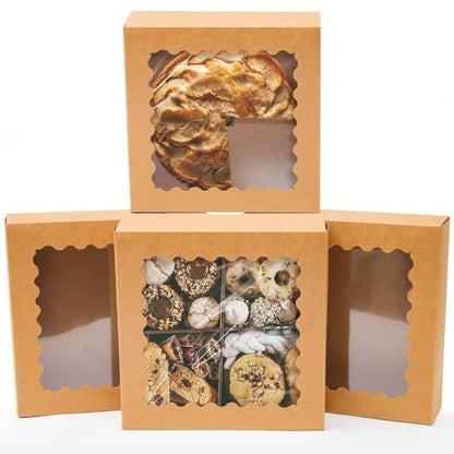 qiqee Auto-pop Up Brown Pie Boxes with Window 10x10x2.5 inch 20Packs Cookie Donut Bakery Box - color: Brown, size: 10"x10"x2.5"/20 Pcs