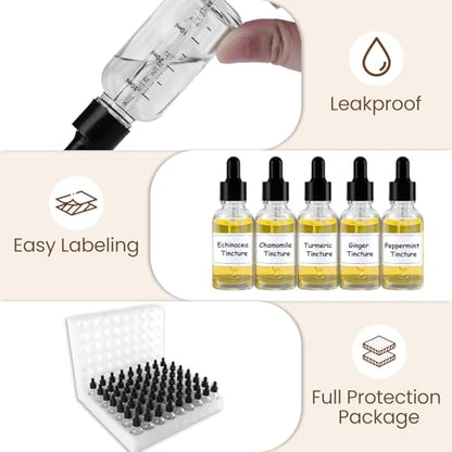 UPBUD 63 Pcs 1oz Clear Glass Dropper Bottles with Measurement, 30ml Leakproof Tincture Bottles with Funnels, Eye Droppers, Extra Caps & Labels, Refillable Empty Bottle for Tinctures, Essential Oils - color: Clear-1oz, size: 1oz