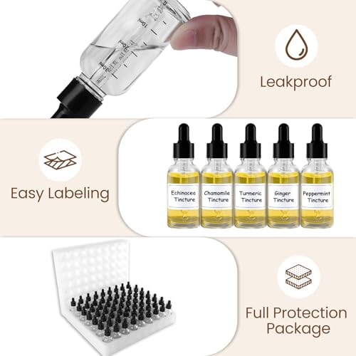 UPBUD 63 Pcs 1oz Clear Glass Dropper Bottles with Measurement, 30ml Leakproof Tincture Bottles with Funnels, Eye Droppers, Extra Caps & Labels, Refillable Empty Bottle for Tinctures, Essential Oils - color: Clear-1oz, size: 1oz