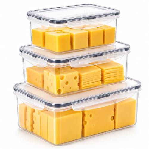 3 Pack Cheese Container for Refrigerator,Cream Cheese Slice Block Holder Airtight Lid,BPA-Free Lunch Meat Storage Container for Fridge,Dishwasher Safe,Shredded,Grated,Cheddar Cheeses Box