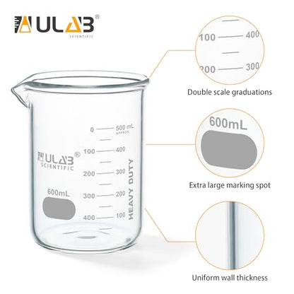 ULAB Scientific Glass Beakers, Vol. 600ml, 3.3 Borosilicate Griffin Low Form with Printed Graduation, Pack of 3, UBG1039 - style: Vol.600ml, Pack of 3