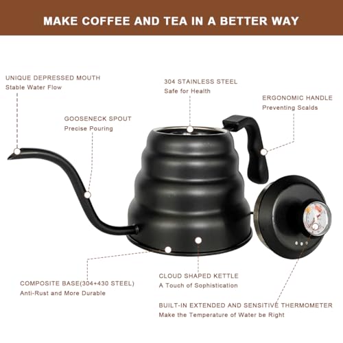 Gooseneck Kettle 1200ml for Pour Over Coffee Stovetop – Stainless Steel Coffee Pot with Precision Spout, 304 Food-Grade BPA-Free, Heat-Resistant Handle, for Gas Electric Ceramic Stove - size: 1200ML