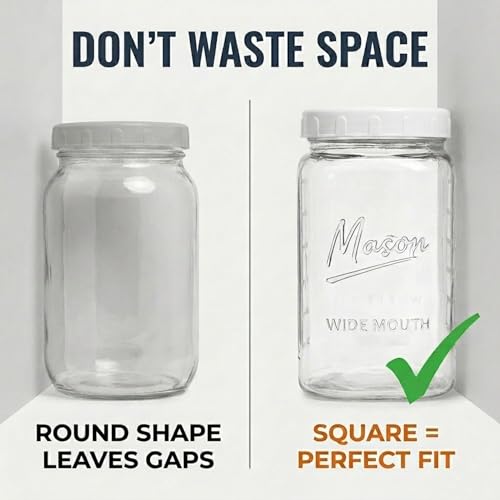 1 Gallon Glass Jars with Lids - Extra Large Mason Jars Wide Mouth with Airtight Plastic Screw On Lids - Square Glass Storage Containers with Measurements for Flour, Sugar, Cookies & Pickling, 3 Pack