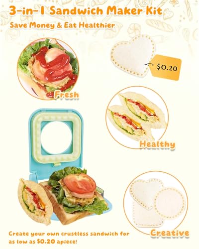 3-in-1 Uncrustable Sandwich Maker - Heart/Round/Square Crustless Sandwich Cutter & Sealer for Kids' Lunch, Breakfast & Lunchboxes | BPA-Free Uncrustable Press,Easy Clean (3-Shape Light Blue) - color: 3-Shape Light Blue