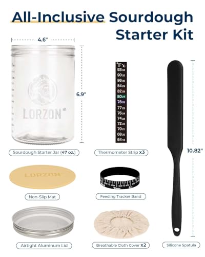 Lorzon Sourdough Starter Jar Kit - 47 oz Large Wide Mouth Bread Starter Jar with Feeding Tracking Band, Silicone Spatula, Sourdough Bread Baking Supplies