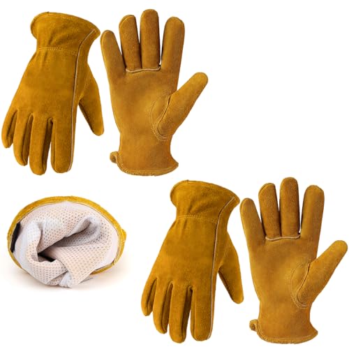 Leather Gardening Gloves for Men Women: Thorn Proof Cowhide Work Gloves for Yard Work Rose Pruning Heavy Duty - color: Yellow ( Pack of 2 ), size: X-Large