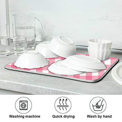 Microfiber Dish Drying Mat, Buffalo Check Plaid Absorbent Dish Drying Rack Pads Kitchen Counter Mat 16Inch X 18Inch Pink White Tartan Pattern Checkered Heat Resistant Sink Mat Dish Draining Mat - color: Plaid, size: 16x18in
