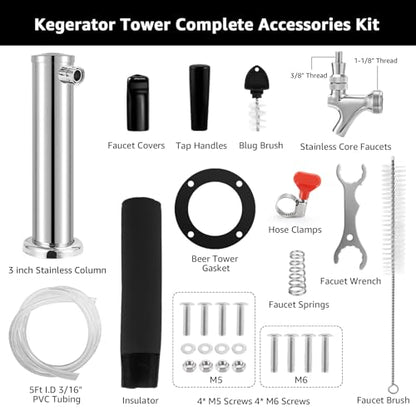 Kegerator Tower Single Tap Beer Tower Dispenser, Draft Beer Tap Tower Kegerator Parts, Upgraded 3" Flange Keg Tower with Pre-Assembled Tubing & Self-Closing Brass Beer Faucet Stainless Core