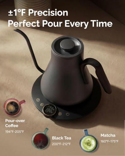 INTASTING Gooseneck Electric Kettle with Precise ±1℉ Temperature Control, Wood-Accented Handle, Stainless Steel Interior, Quick Heating Pour Over Kettle for Coffee & Tea, 0.9L, Matte Grey - color: Matte Grey