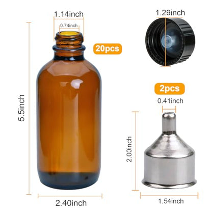 YINGERHUAN 8oz Glass Vanilla Extract Bottles,Round Amber Boston with Caps for Syrup,20 Pack Glass Sample Bottles with Stickers and Funnel for Essential Oils,Wedding,Christmas