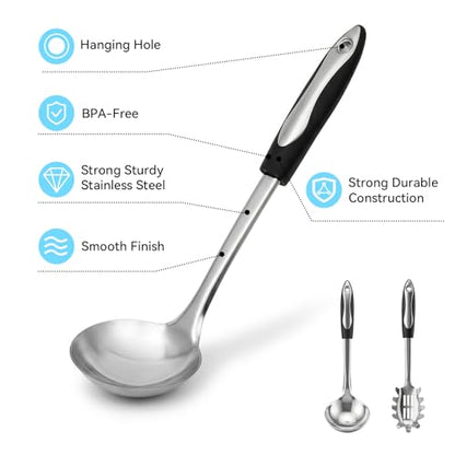 2 PCS Stainless Steel Soup Ladle and Spaghetti Spoon, Heat Resistant Non‑Slip Handle, Dishwasher Safe Kitchen Utensils for Cooking, Stirring, Serving Pasta, Soup and Sauce