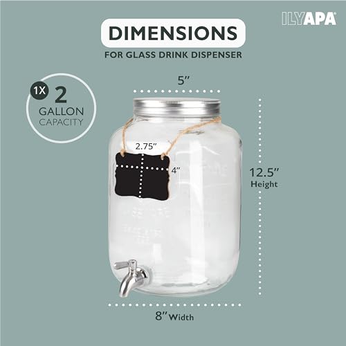 Ilyapa 2 Gallon Drink Dispenser - Wide Mouth Glass Drink Dispenser - 100% Leak Proof Stainless Steel Spigot with Glass Flip Top Lid, for Any Event - size: 2 Gallon