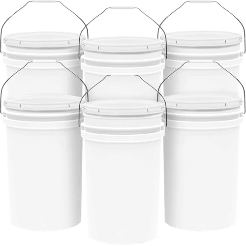 6.5-Gallon White Bucket Pail Container with Lid | Food Grade | Heavy-Duty Approx 90 MIL Extra Durable | Metal Handles with Plastic Grip | Multi-Use | Easy Stack and Store | BPA Free - 6 Pack - color: White - 6.5 Gallons, size: 6 Packs