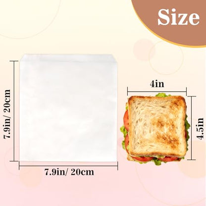 MAQIHAN 200 Paper Sandwich Bags - 8"x8" Wax Paper Lunch Bags, White Cookie Glassine Bags for Food Take Out, Cookie Sleeves, Food Packaging for Bread, Toaster, Bagel, Pastry, Treat, Snack, Soaps - size: 8x8"