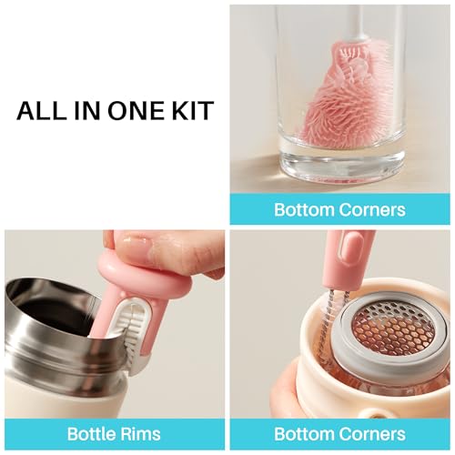JOYMOOP Silicone Bottle Brush & Straw Cleaner Brush Set, Multi-Functional Bottle Washer for Sports Water Bottle,Glassware,Vase,and Narrow Neck Containers,Pink
