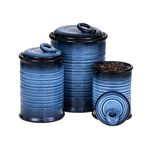 Nihow Food Storage Jar,Ceramic Canister Sets for The Kitchen,Set of 3,Blue | Air Tight Lid,Seal Damp-proof,For Flour/Sugar/Rice/Coffee/Cookies/Candy,Kitchen Counter Canister/Dishwasher Safe - color: Blue & Black, size: 82 OZ (13 OZ + 22 OZ + 47 OZ)