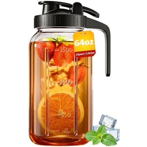 64 oz Mason Jar Pitcher – Airtight & Leakproof Glass Pitcher with Lid, Perfect for Iced Tea, Sun Tea, Cold Brew, Breastmilk, 2 Quart (1/2 Gallon) Mason Jar with Pour Spout Lid Flip-Cap & Handle - color: Black, size: 64 Ounces