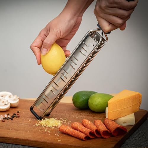 3 in 1 Cheese Grater Zester Citrus Lemon 304 Stainless Steel Zester Versatile Sharp Tool for Parmesan Cheese Ginger Garlic Nutmeg Chocolate Vegetables Fruits 15'' - color: L-Black