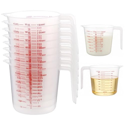 8 Pcs Plastic Measuring Cups Set, 1000 ml Liquid Measuring Cups, Clear Graduated (4 Cup), Multi-Scale, Plastic Mug with Spout and Handles, Ideal for Recipe Ingredient, Flour, Water, Liquid