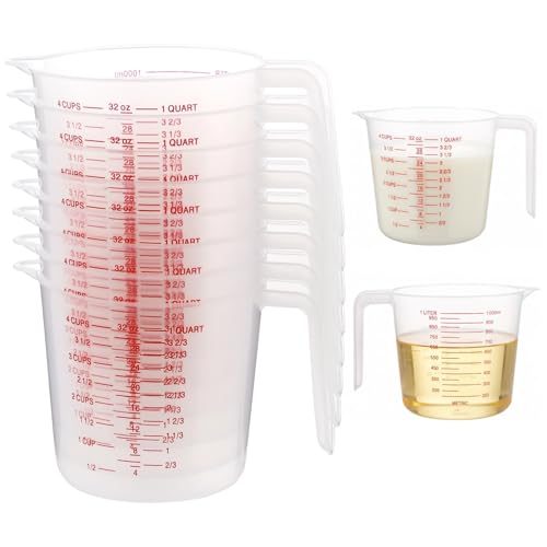 8 Pcs Plastic Measuring Cups Set, 1000 ml Liquid Measuring Cups, Clear Graduated (4 Cup), Multi-Scale, Plastic Mug with Spout and Handles, Ideal for Recipe Ingredient, Flour, Water, Liquid