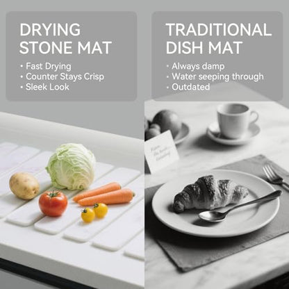 Stone Drying Mat for Kitchen Counter, 24"(L)×16"(W), Drying Matt Kitchen Counter, Stone Dish Drying Mat, Foldable Diatomaceous Earth Mat - color: White