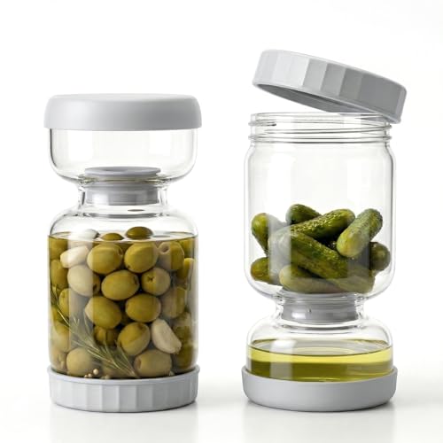 Pickle Jar for Pickle Olive Hourglass Jar, Auto Separator Juice 2 Pack Grey | Glass Pickle Jar Body, ABS Lid and BPA Free for Airtight Food Storage, Pickle Jar 2 Pack Grey - color: Gery2Pcs