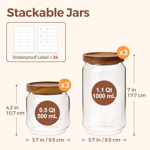 ComSaf 6PCS (1.1Qt/0.5Qt) Glass Pantry Storage Container with Acacia Wood Lid, Airtight Glass Canister with Stacked Design for Orderly Organizing, Glass Jar Organizing Dry Goods in Pantry & Cabinet - size: 1.1Qt*3 / 0.5Qt*3