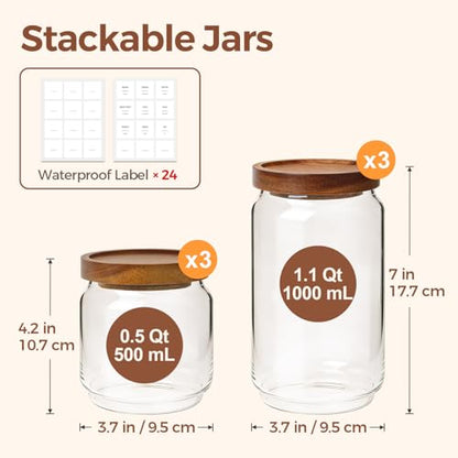 ComSaf 6PCS (1.1Qt/0.5Qt) Glass Pantry Storage Container with Acacia Wood Lid, Airtight Glass Canister with Stacked Design for Orderly Organizing, Glass Jar Organizing Dry Goods in Pantry & Cabinet - size: 1.1Qt*3 / 0.5Qt*3