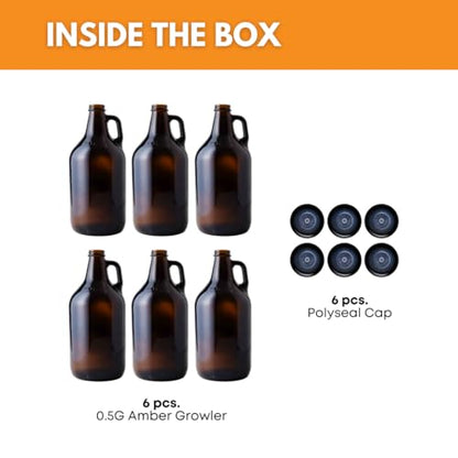 FastRack 1/2 Gallon Amber Growlers (Case of 6), 64oz, Brown with 6 Polyseal Caps - size: 6 Pack