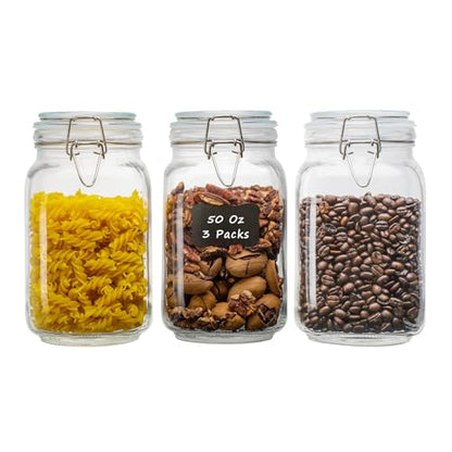 50oz Square Glass Food Storage Jars with Airtight Clamp Lids, 3 Pack Large Kitchen Canisters for Flour, Cereal, Coffee, Pasta and Canning, Mason Jar (Clear 50oz Square - 3 sets) - color: Clear 50oz Square - 3 sets