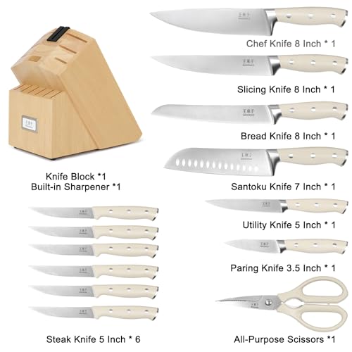 WANGMAZI Knife Set, 15 Pcs Knife Block Set with Built-in Sharpener, High Carbon Stainless Steel Kitchen Knives, Japanese Stainless Steel Knives, Home Essentials Perfect for Gifts, Natural Pro - color: 02-Natural Pro