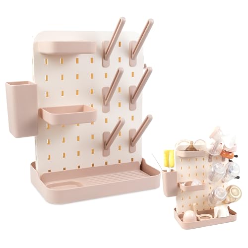 Baby Bottle Drying Rack Space Saving Countertop Vertical Rack with Brushes Holder (Pink) - color: Pink