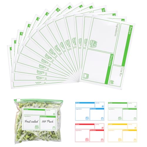 100pcs Labels for Freezer Bags Freezer Meal Labels with Instructions 3.2 X 5 inch Oil and Water Resistant Labels Food Labels for Freezer Storage for Leftovers in Fridge Freezer (Green) - color: Green