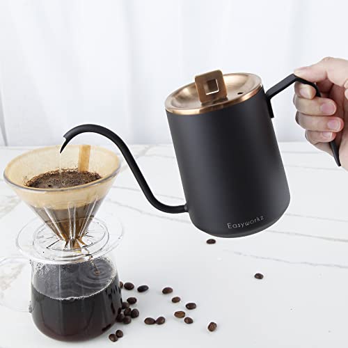 Easyworkz Gooseneck Pour Over Coffee Kettle 20 oz Stainless Steel Hand Drip Coffee Pot With Long Narrow Spout, Rose Gold Black - color: Rose Gold Black