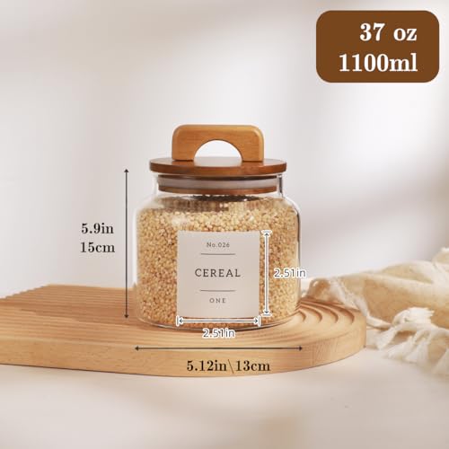 4 Pack Glass Pantry Storage Containers with 132 Pantry Labels - 37 FL OZ Kitchen Glass Canisters with Bamboo Airtight Lids - Farmhouse Glass Pantry Jars for Cookie, Rice, Pasta, Cereal, Bath Salt - size: 37OZ-4PACK