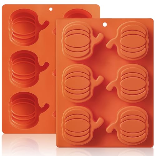 HKNMTT Pumpkin Silicone Molds 2 Pack 6 Cavity Halloween Mold Set for Fall Chocolate Candy Soap Wax Melts Jello Cake Pop Apple Cider Baking Tray Thanksgiving 3D Food Grade Spooky Treats - style: Pumpkin Shaped - 2PCS