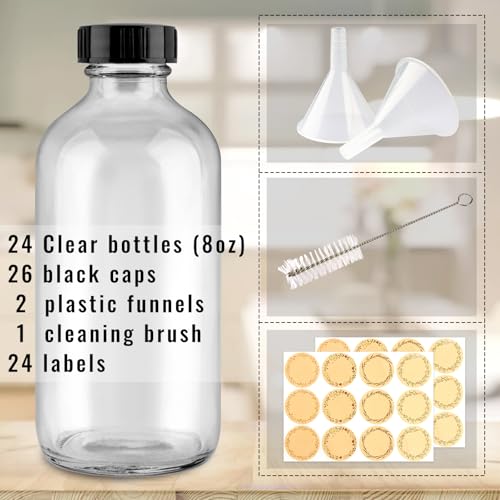 PINIWON 24 Pack 8 oz Clear Glass Bottles, 240ml Boston Round Sample Bottles with Black Poly Cone Caps, Labels and Funnels - color: Clear-24 pack
