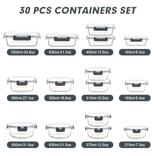 VERONES 30 Pieces Glass Meal Prep Containers Set, Stackable Glass Food Storage Containers with Lids-Airtight Lunch Containers，for Microwave, Oven, Freezer & Dishwasher,Grey - color: Grey-30