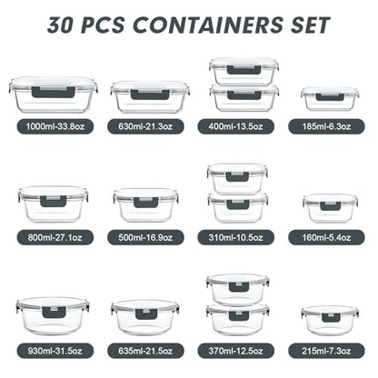 VERONES 30 Pieces Glass Meal Prep Containers Set, Stackable Glass Food Storage Containers with Lids-Airtight Lunch Containers，for Microwave, Oven, Freezer & Dishwasher,Grey - color: Grey-30